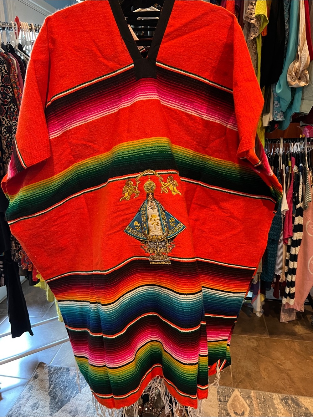Red Mexican Serape-Style with Embroidered Virgen de San Juan Motif
